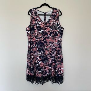 DR Collection Plus Size Navy Blue & Pink Lace Trim Fit & Flare Scuba Dress Sz20W